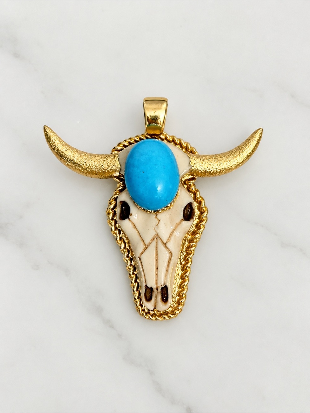14k Gold-Tone Bull Skull Pendant with Turquoise Stone